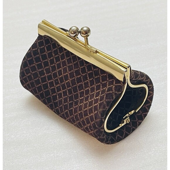 VTG Italian Suede Leather Coin Purse Kiss Lock Gold Hardware Brown Geometric - Picture 2 of 11